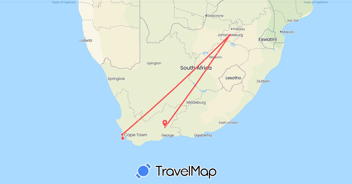 TravelMap itinerary: hiking in South Africa (Africa)